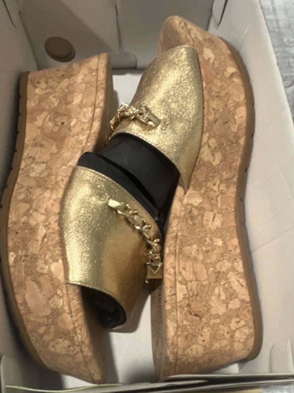 Michael Kors Gold Metallic Chain-Accent Cork Platform Mules OBO